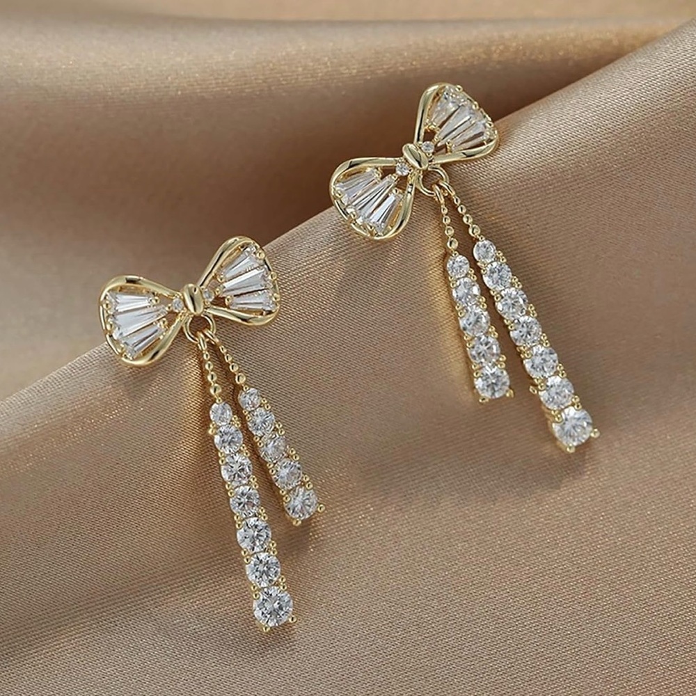 Elegant Gold and Silver Bow Earrings Crystal Bow Tassel Luxury‎ Jewelry